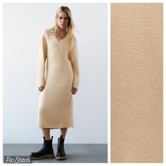 NWT. Zara Sand Alpaca Blend V-neck Midi Dress. Size S. - Picture 1 of 10